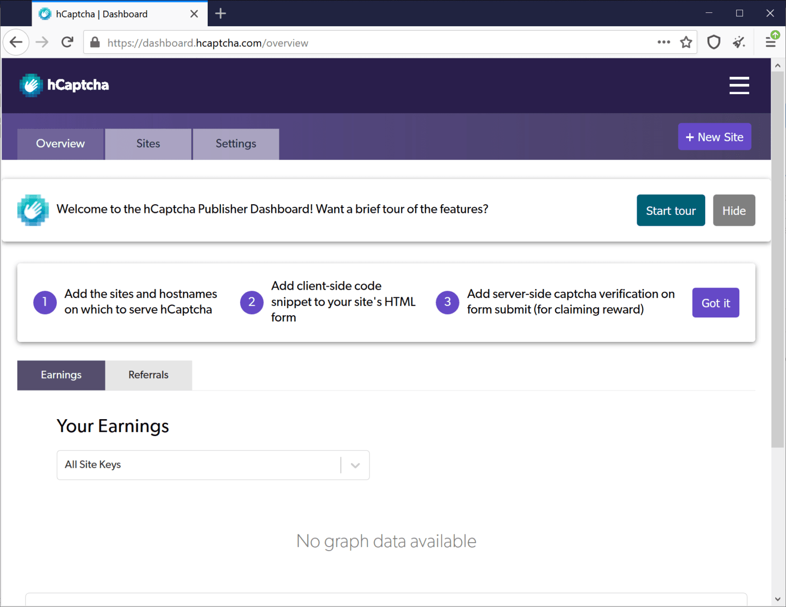 The home page of the hCaptcha dashboard