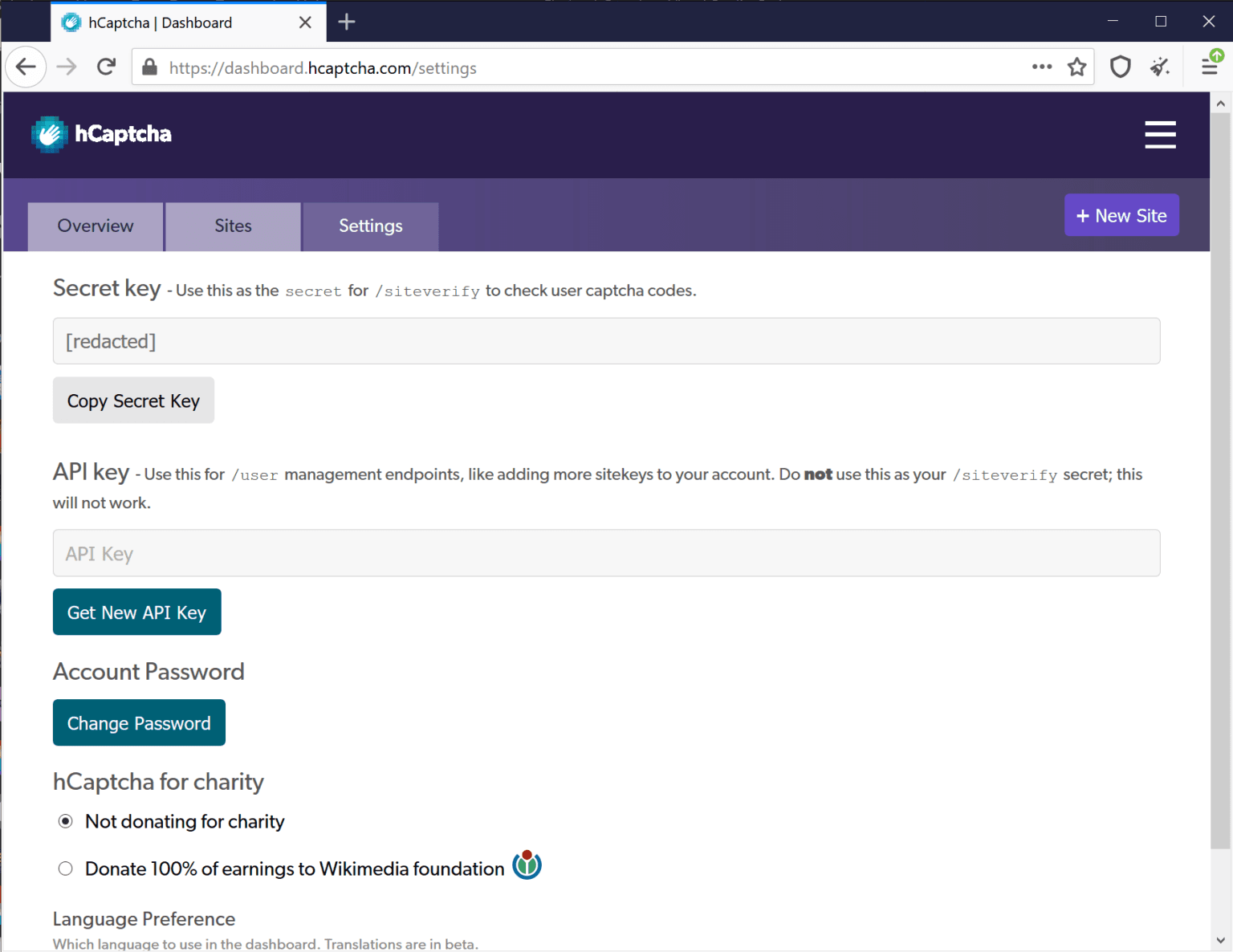 The Settings page of the hCaptcha dashboard
