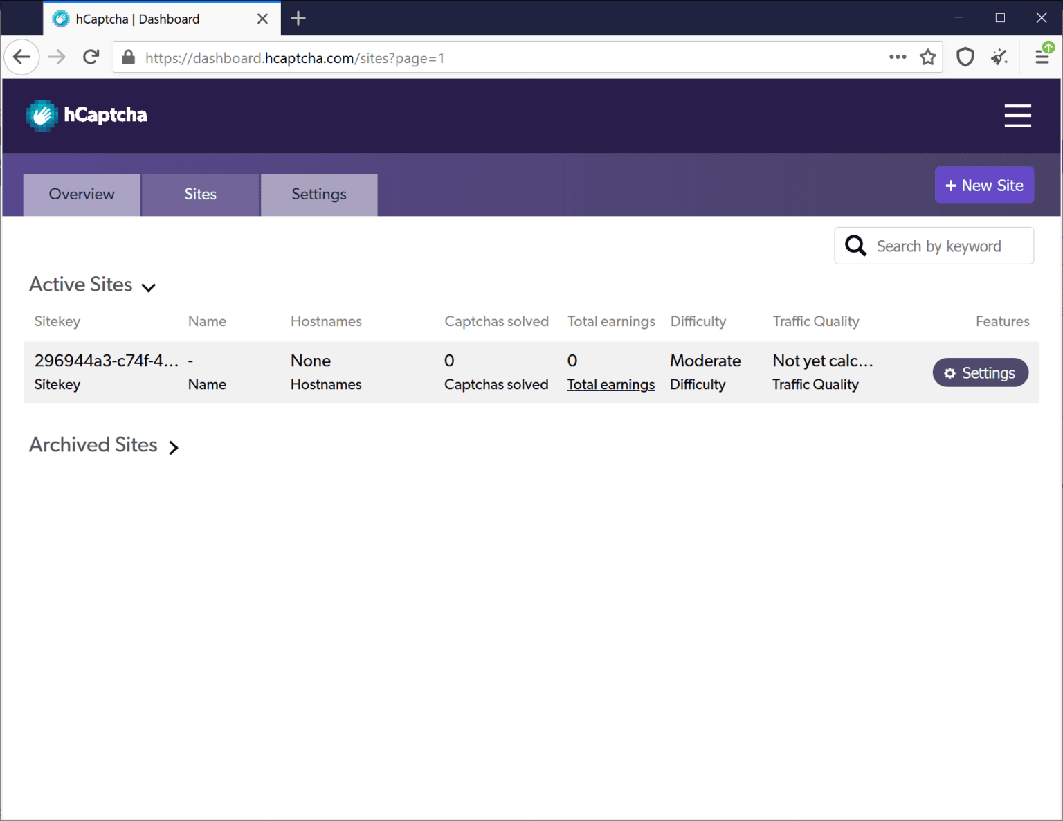 The Sites page of the hCaptcha dashboard