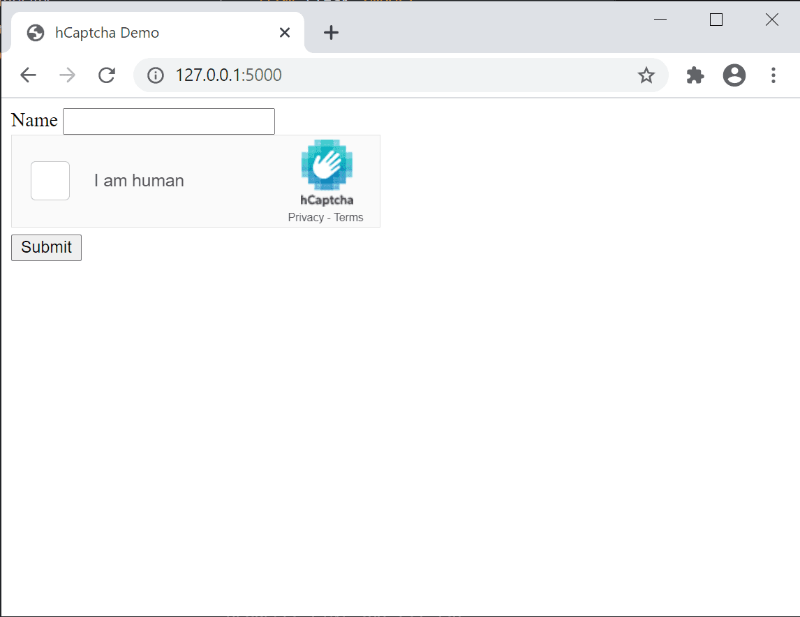 A screenshot of the rendered HTML which includes our newly created hCaptcha
